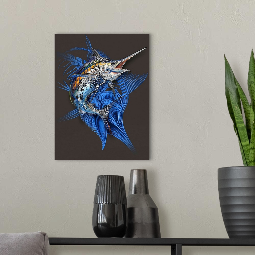 A modern room featuring Illustration of a jumping marlin with a visible skeleton design.