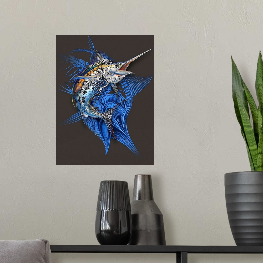 A modern room featuring Illustration of a jumping marlin with a visible skeleton design.