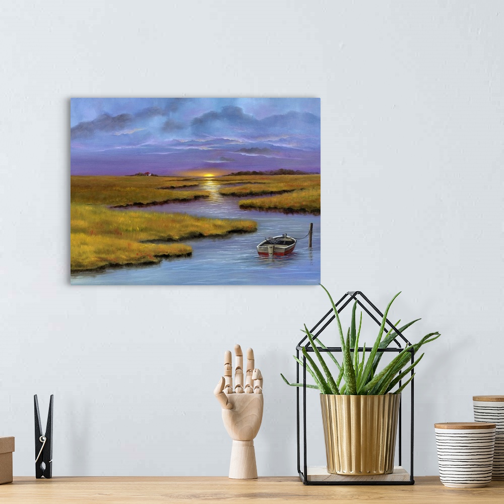A bohemian room featuring Contemporary artwork of a marsh landscape under a purple sunset sky.