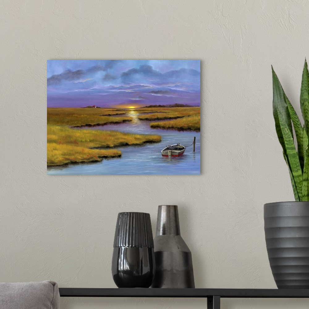 A modern room featuring Contemporary artwork of a marsh landscape under a purple sunset sky.