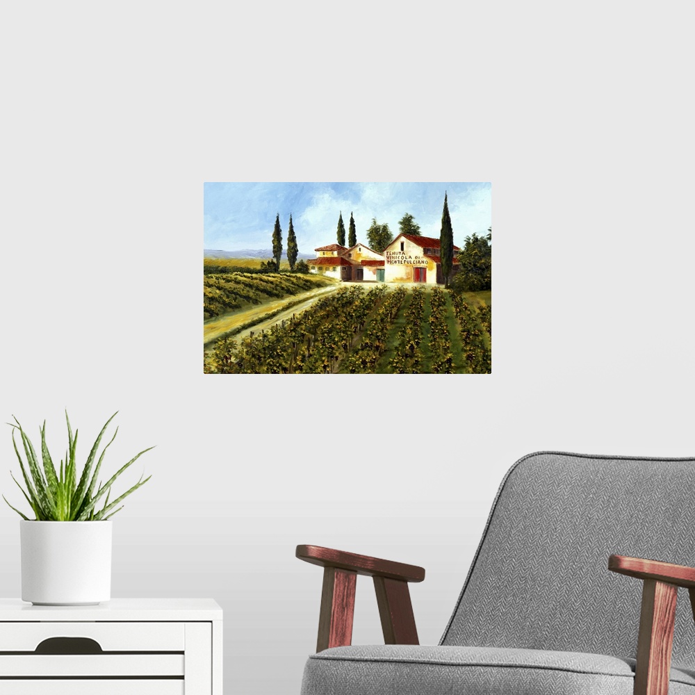 A modern room featuring Big painting of grape fields and a large compund on a clear, sunny day.