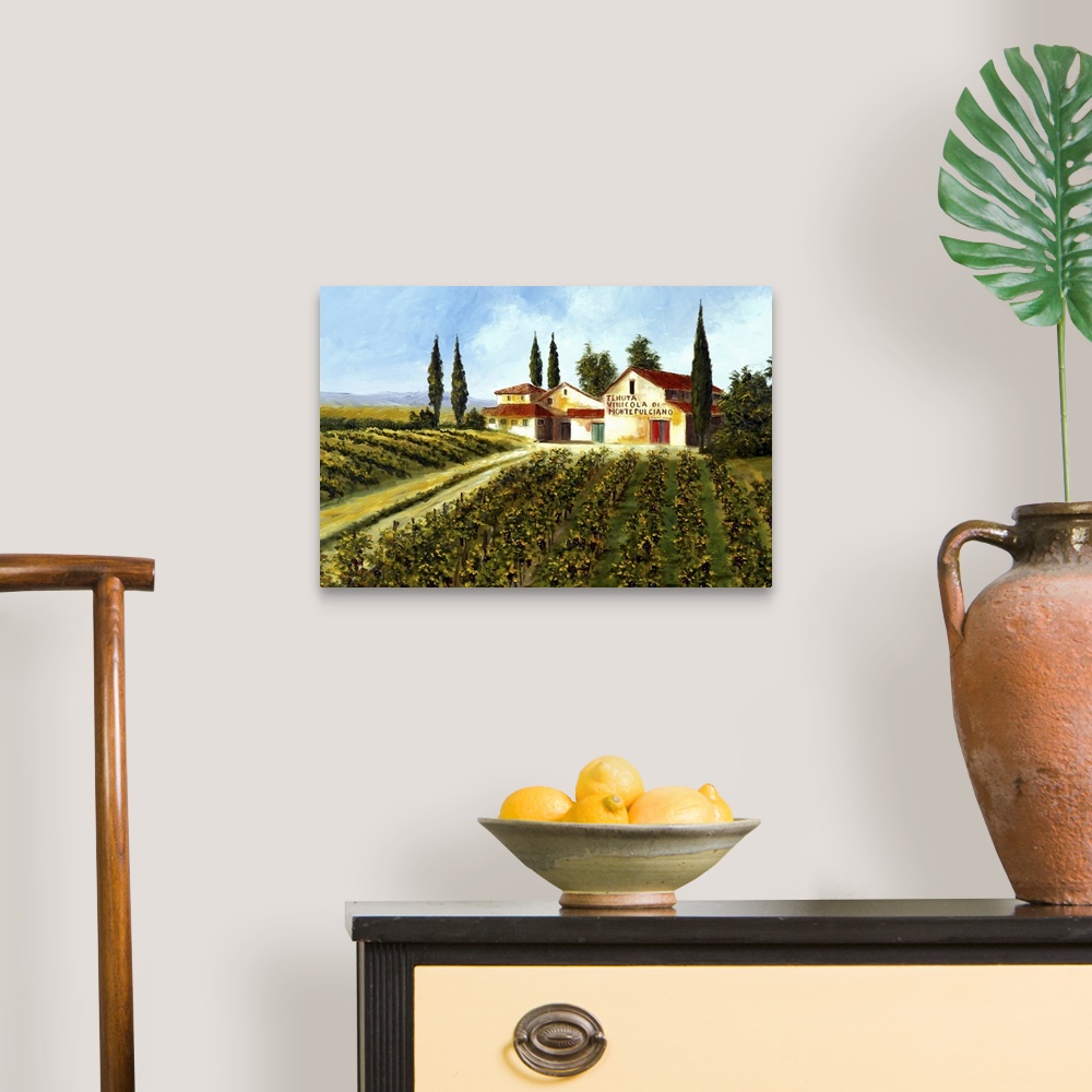 A traditional room featuring Big painting of grape fields and a large compund on a clear, sunny day.