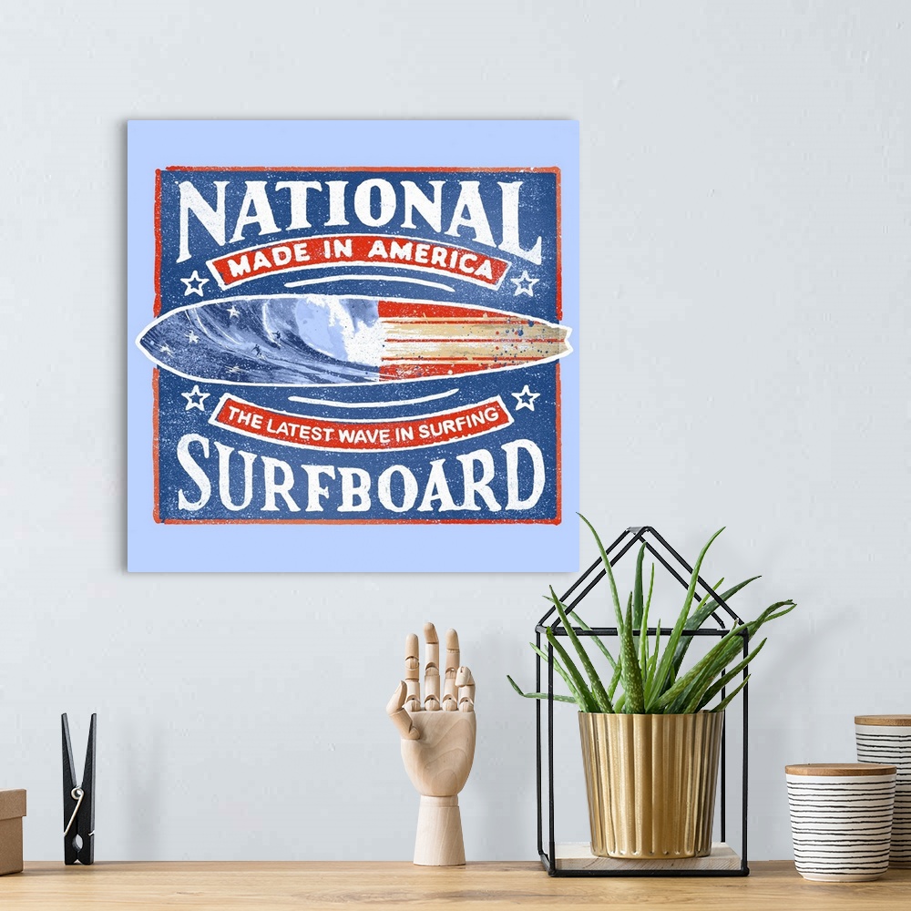 A bohemian room featuring A digital illustration of a surfboard advertisement.