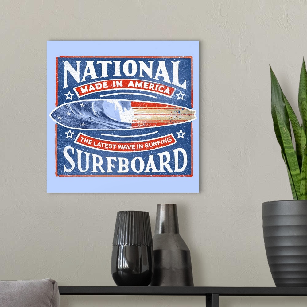 A modern room featuring A digital illustration of a surfboard advertisement.