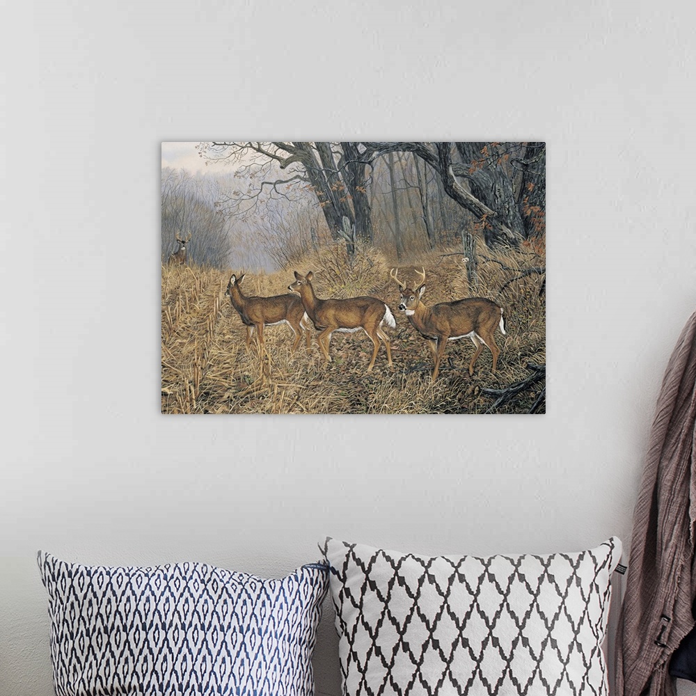 A bohemian room featuring Contemporary artwork of a group of deer in a dry field and the forest with bare trees drawn to th...