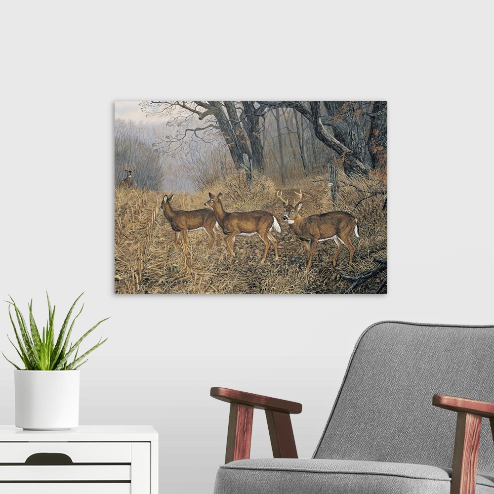 A modern room featuring Contemporary artwork of a group of deer in a dry field and the forest with bare trees drawn to th...