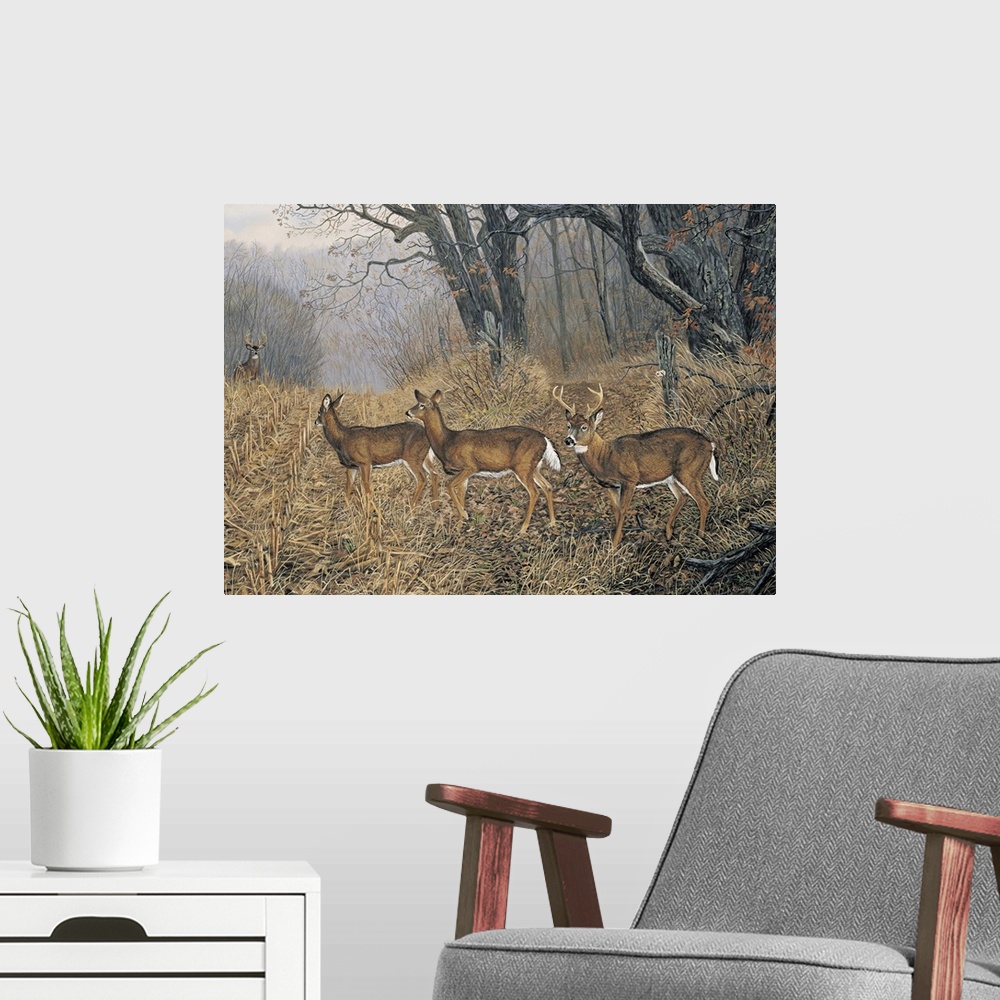 A modern room featuring Contemporary artwork of a group of deer in a dry field and the forest with bare trees drawn to th...
