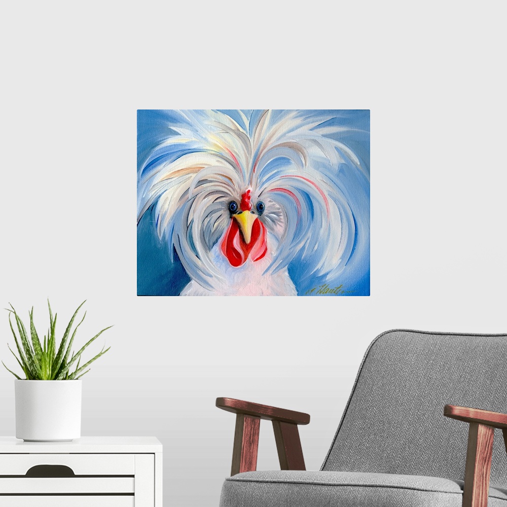 A modern room featuring A humorous painting of a rooster with the feathers on top of his sprouting up and out so as to gi...