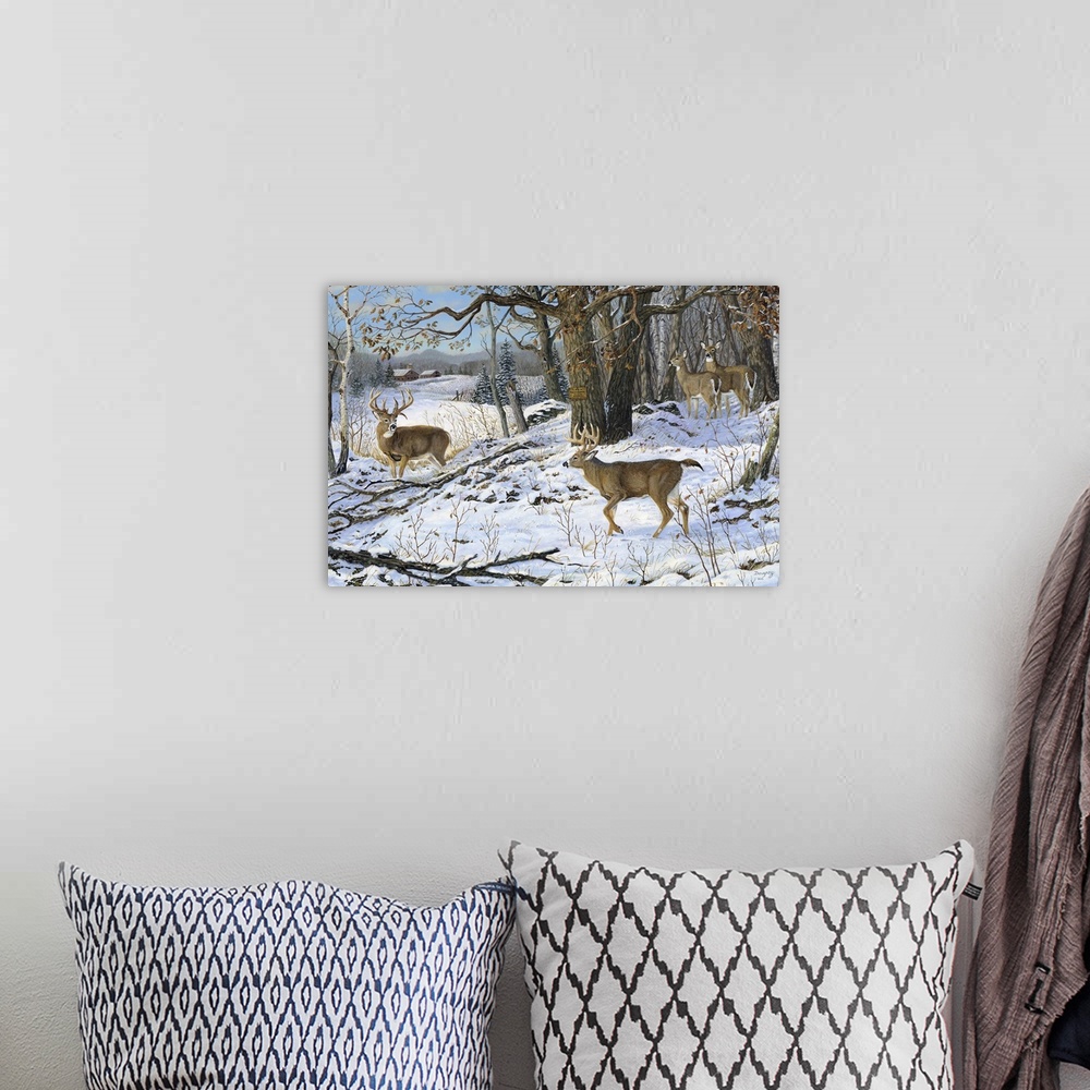 A bohemian room featuring Contemporary artwork of a pair of deer walking in the snow in a forest.