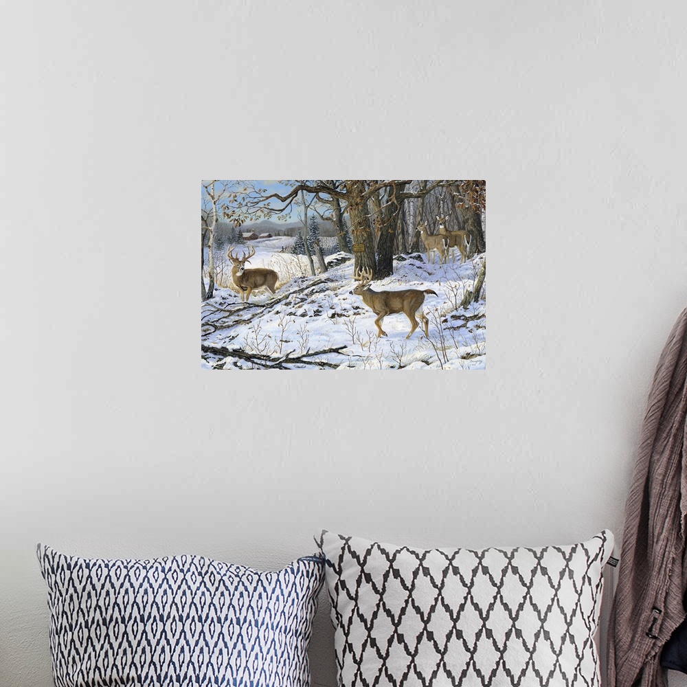 A bohemian room featuring Contemporary artwork of a pair of deer walking in the snow in a forest.