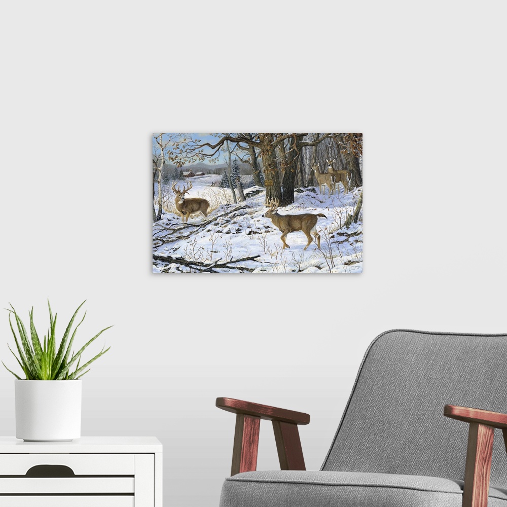 A modern room featuring Contemporary artwork of a pair of deer walking in the snow in a forest.