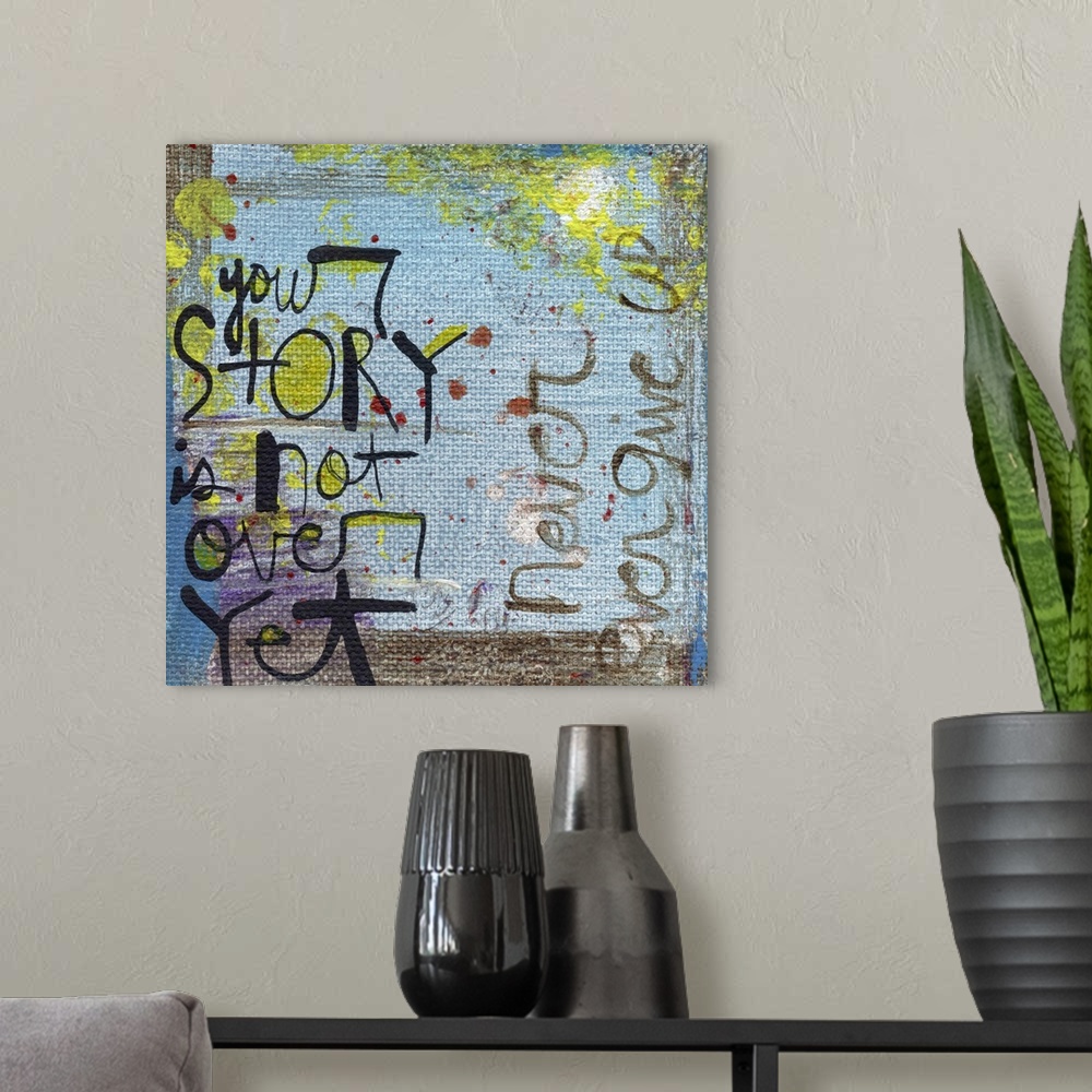 A modern room featuring Contemporary colorful and rustic looking sentiment artwork.