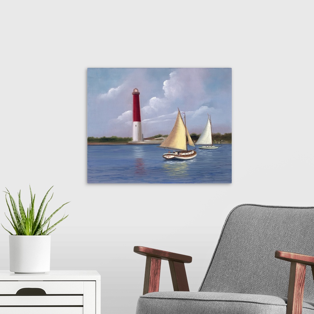 A modern room featuring Painting of two sailboats on the water near a red and white lighthouse.