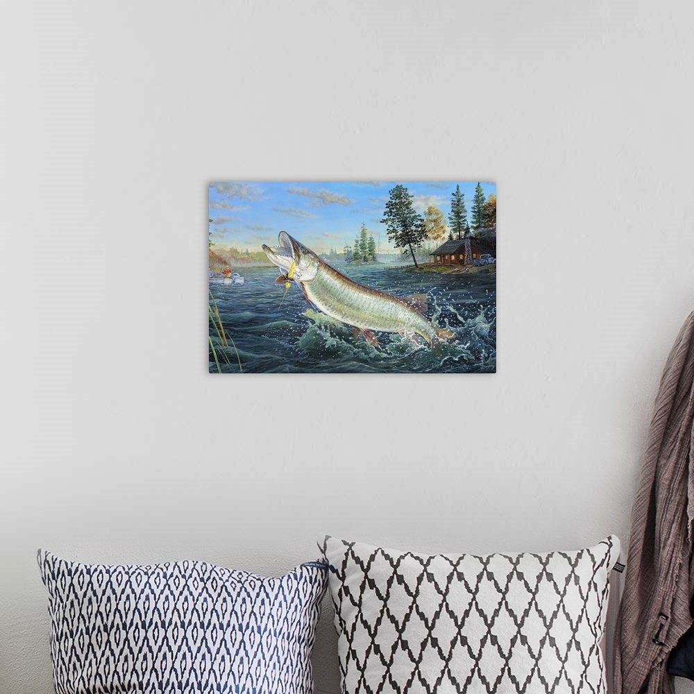 A bohemian room featuring Painting of a fish leaping out of the water.