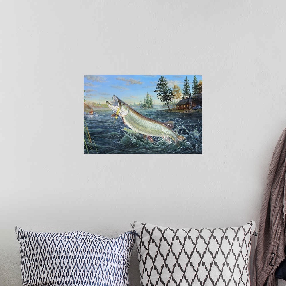A bohemian room featuring Painting of a fish leaping out of the water.