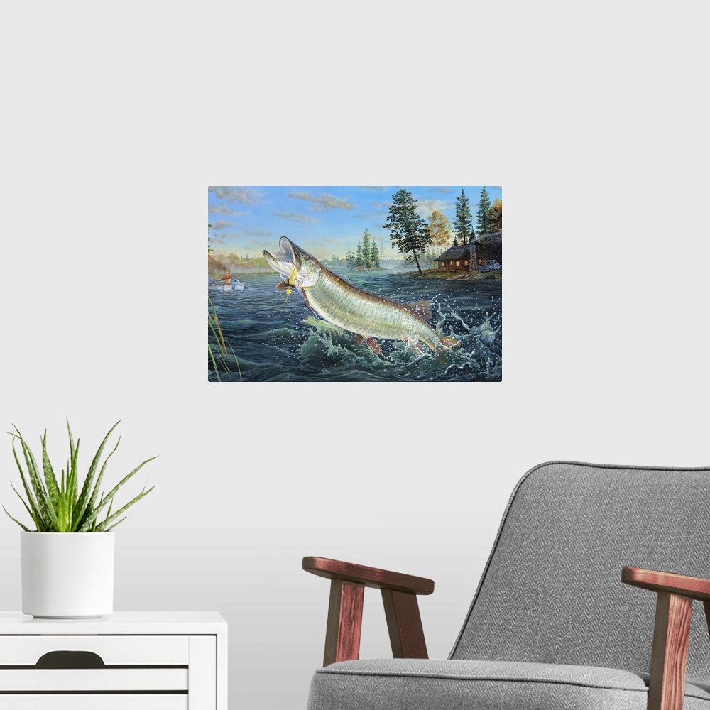 A modern room featuring Painting of a fish leaping out of the water.