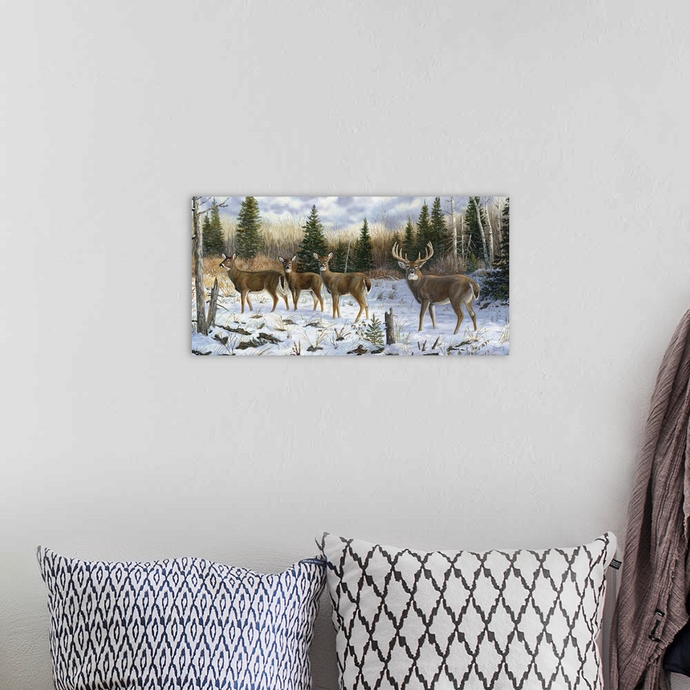 A bohemian room featuring Contemporary artwork of a herd of deer walking through a forest covered in snow.