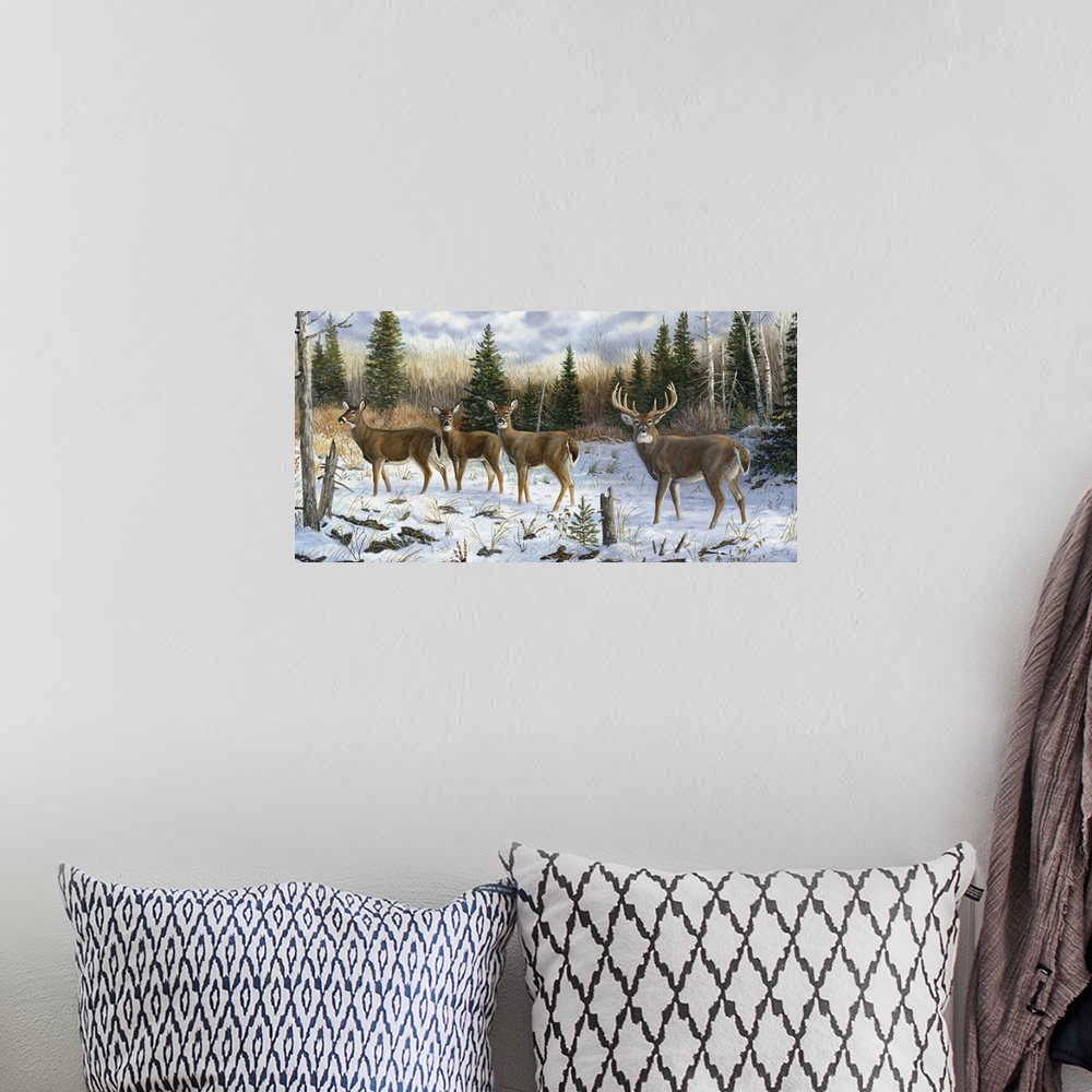 A bohemian room featuring Contemporary artwork of a herd of deer walking through a forest covered in snow.