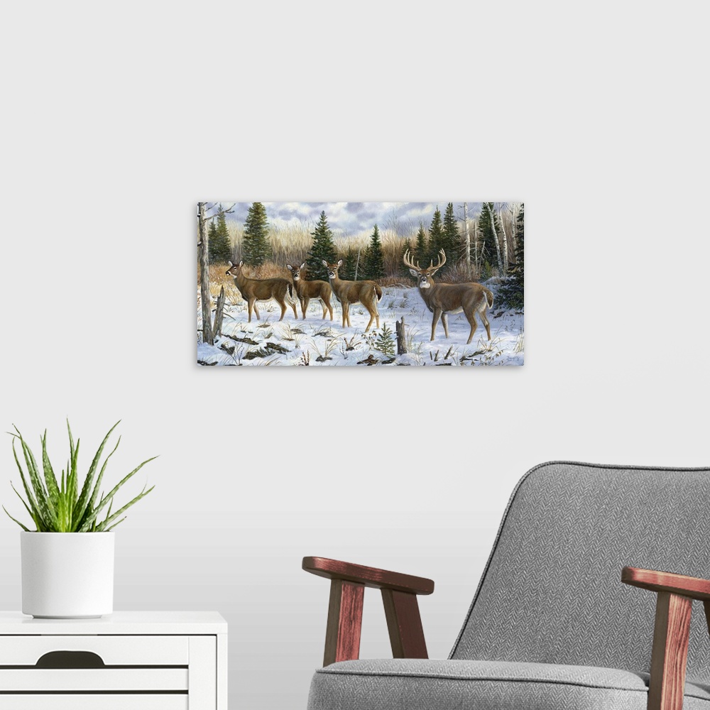 A modern room featuring Contemporary artwork of a herd of deer walking through a forest covered in snow.