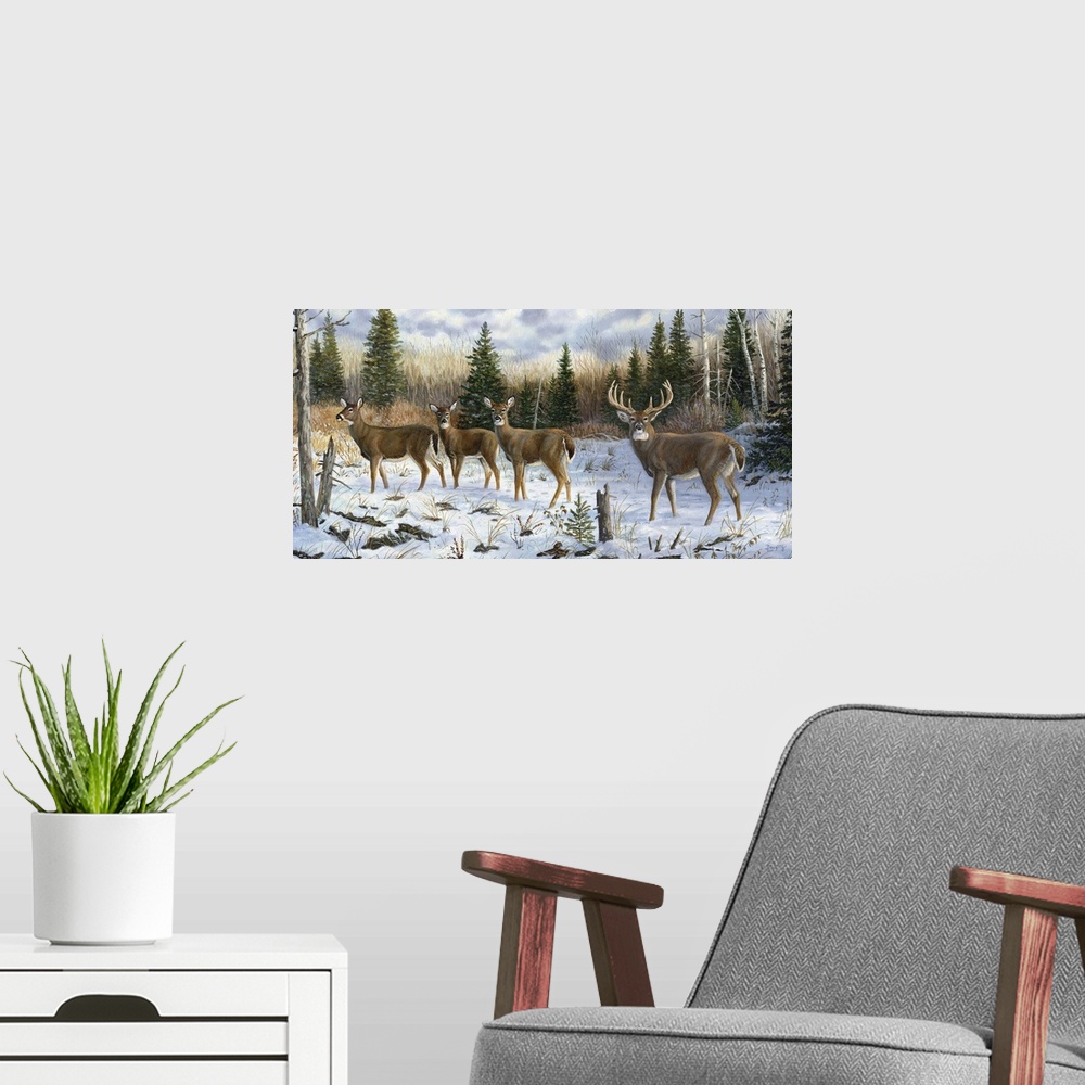 A modern room featuring Contemporary artwork of a herd of deer walking through a forest covered in snow.