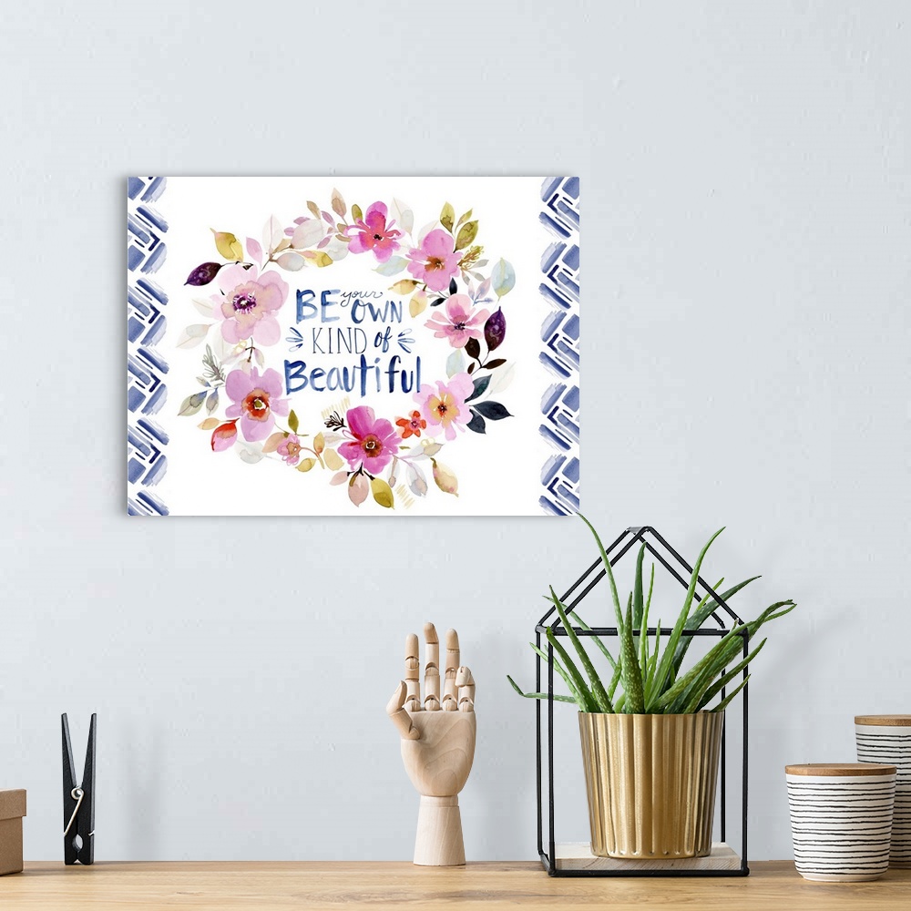 A bohemian room featuring Contemporary watercolor artwork of a sentiment surrounded by bright flowers.