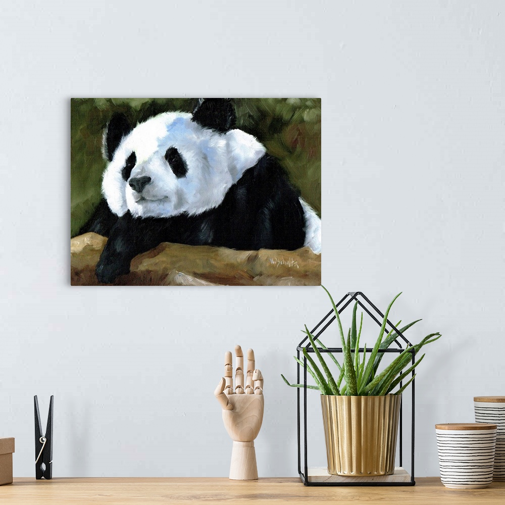 A bohemian room featuring Painting of a panda bear relaxing on a log.
