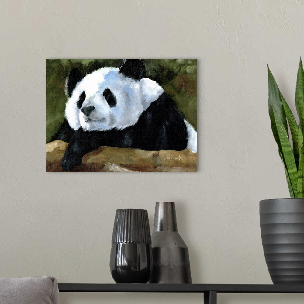 A modern room featuring Painting of a panda bear relaxing on a log.