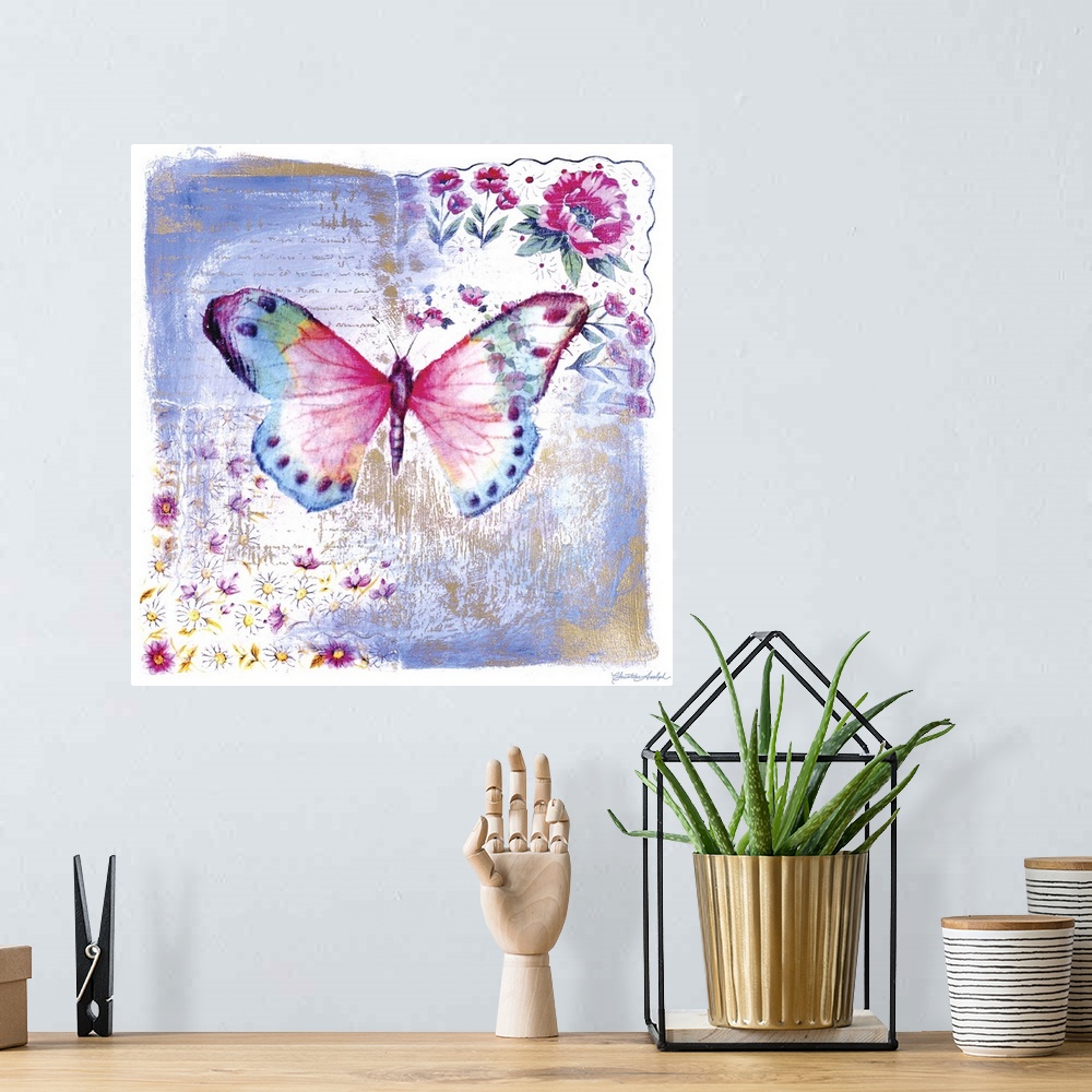 A bohemian room featuring A watercolor painted butterfly takes up majority of this square piece with flowers delicately pai...