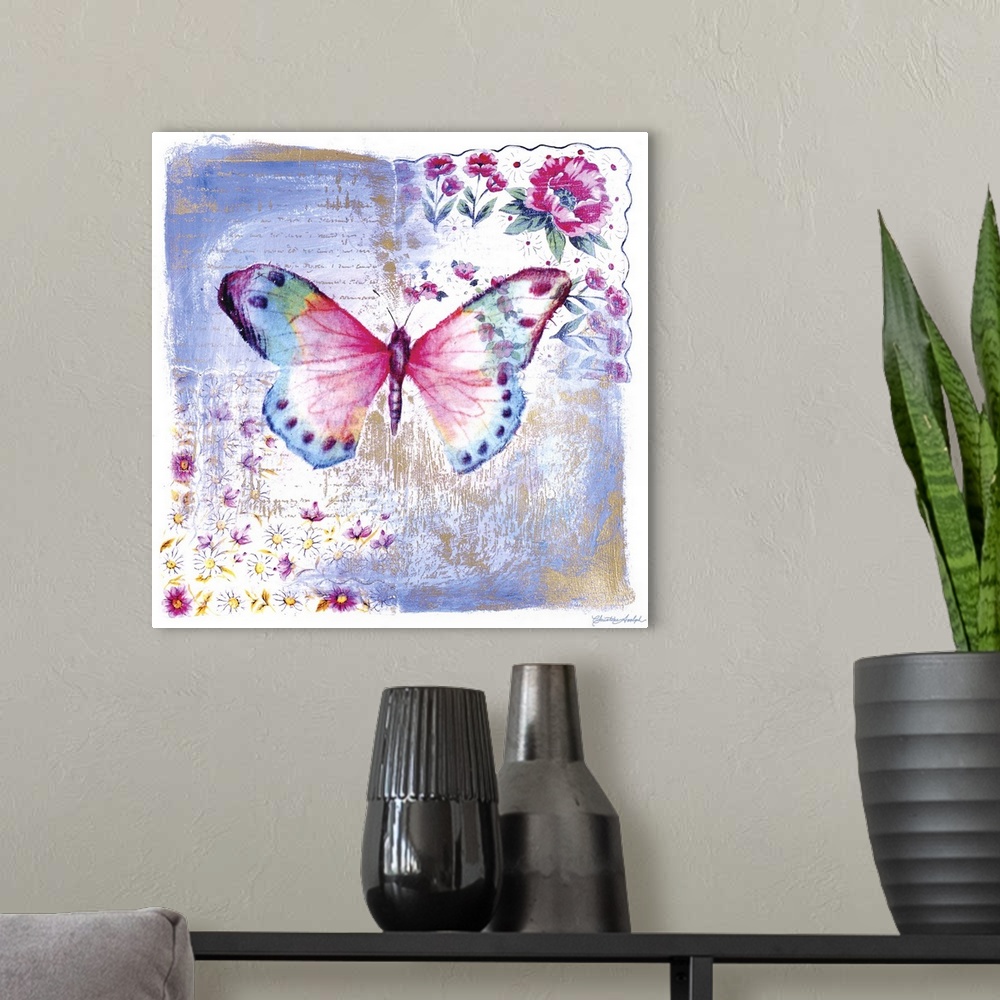 A modern room featuring A watercolor painted butterfly takes up majority of this square piece with flowers delicately pai...