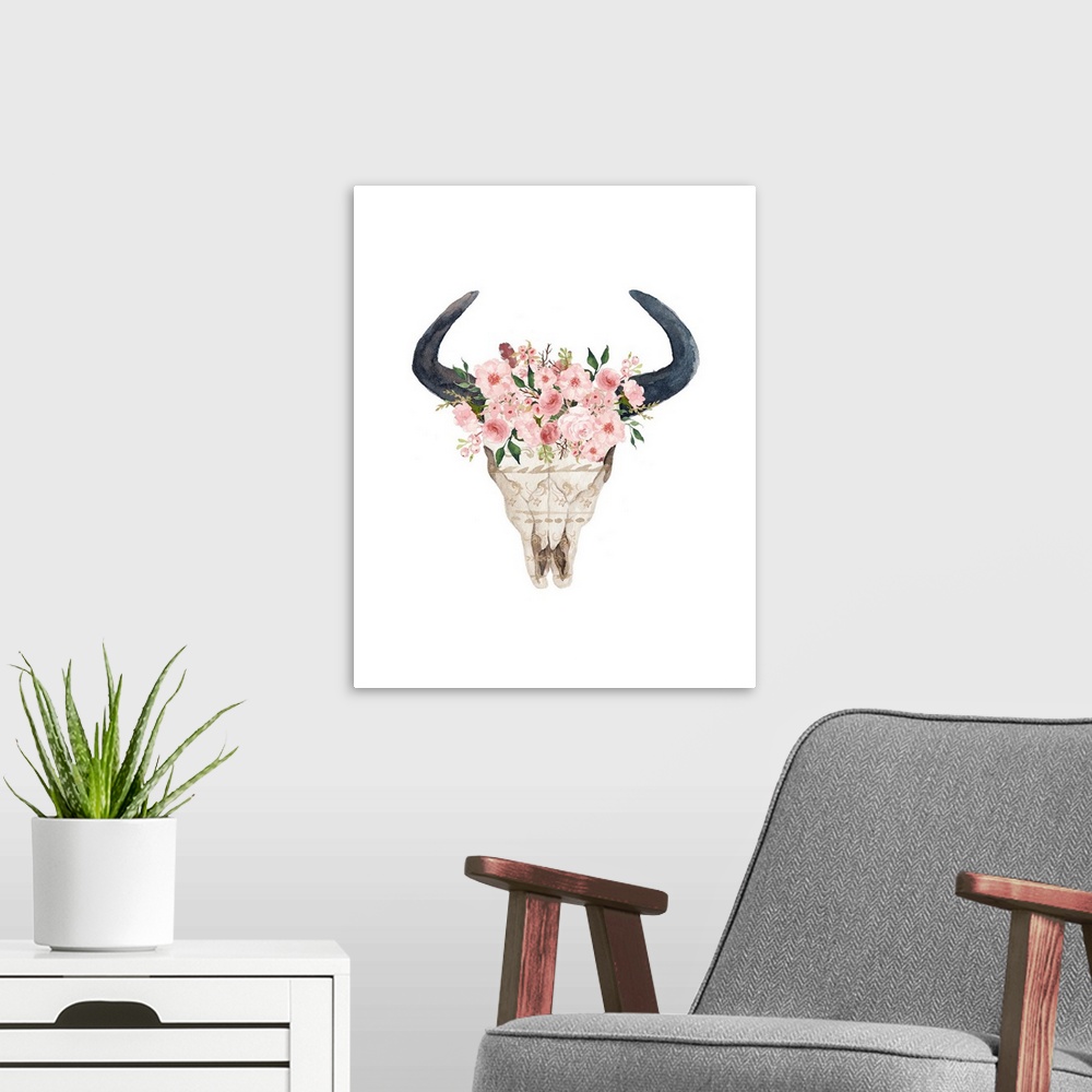 A modern room featuring A watercolor painting of a bull skull with pink flowers.