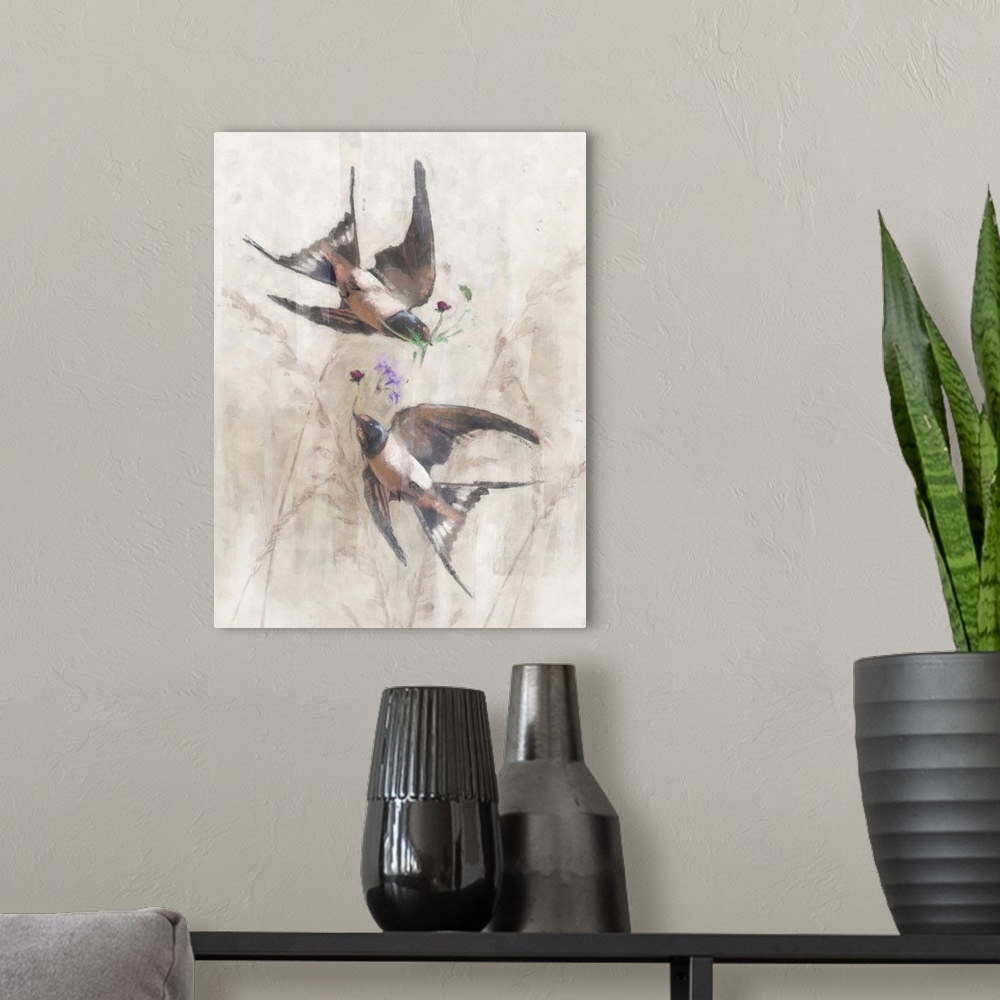 A modern room featuring Playful Swallows