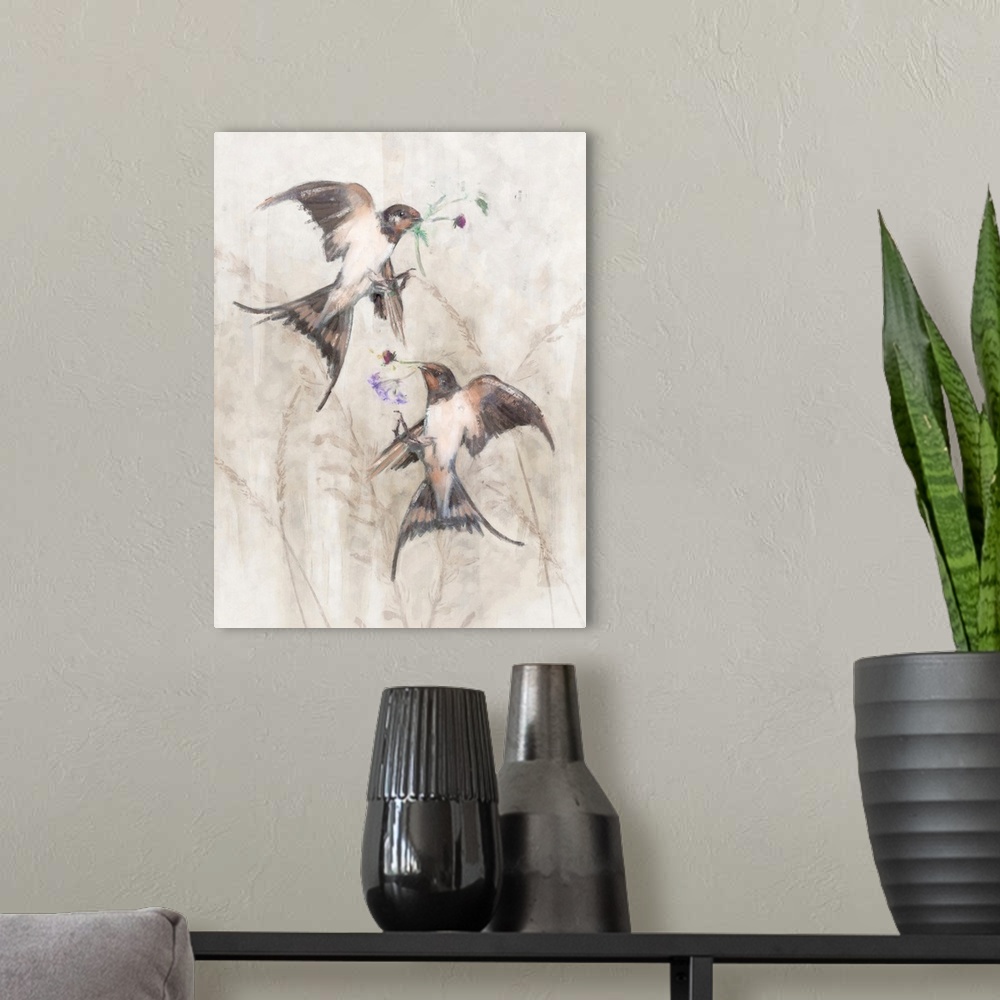 A modern room featuring Playful Swallows II