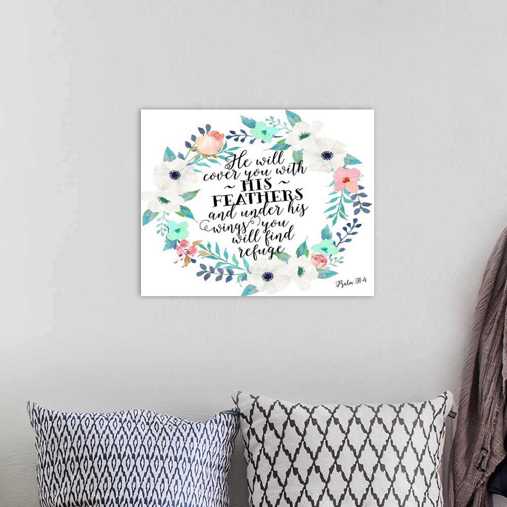 A bohemian room featuring Contemporary scripture handlettered artwork.