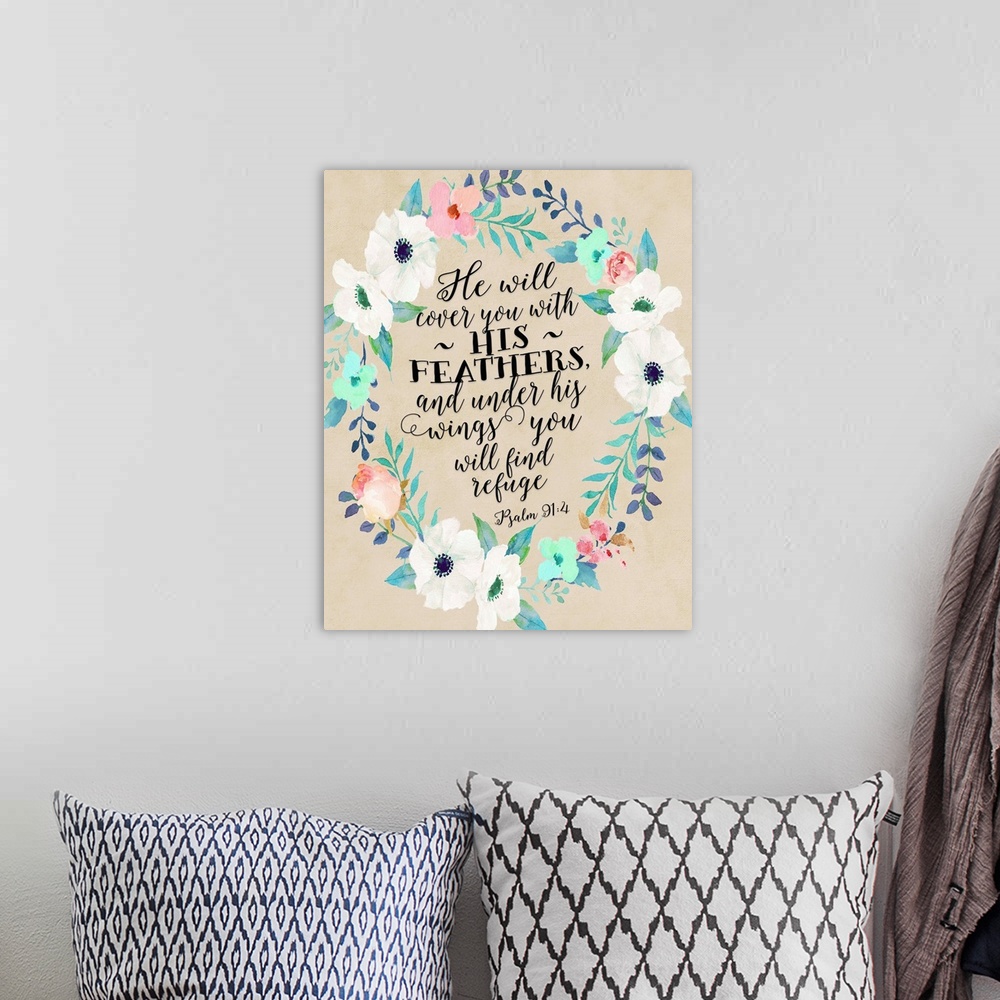 A bohemian room featuring Contemporary scripture handlettered artwork.