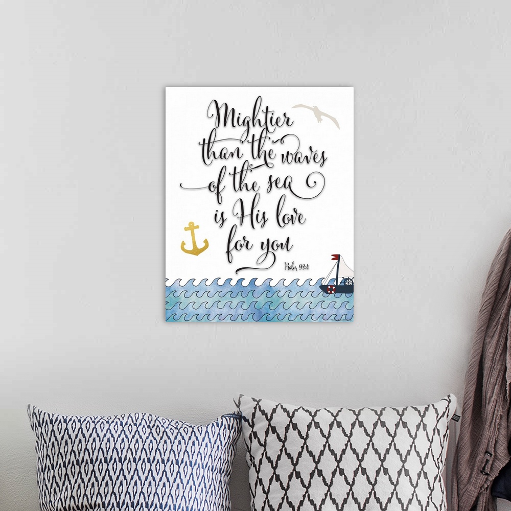 A bohemian room featuring Contemporary nautical themed lettered artwork.