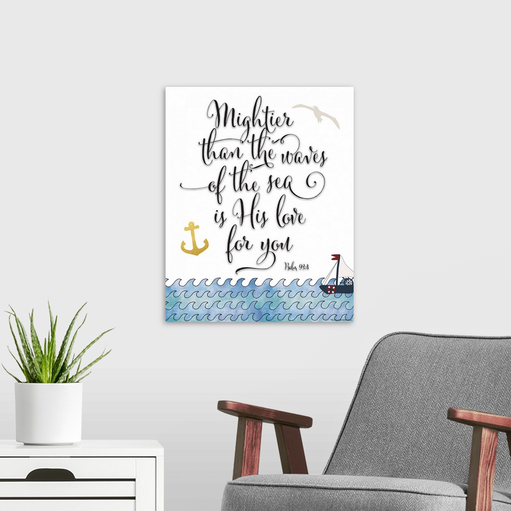 A modern room featuring Contemporary nautical themed lettered artwork.