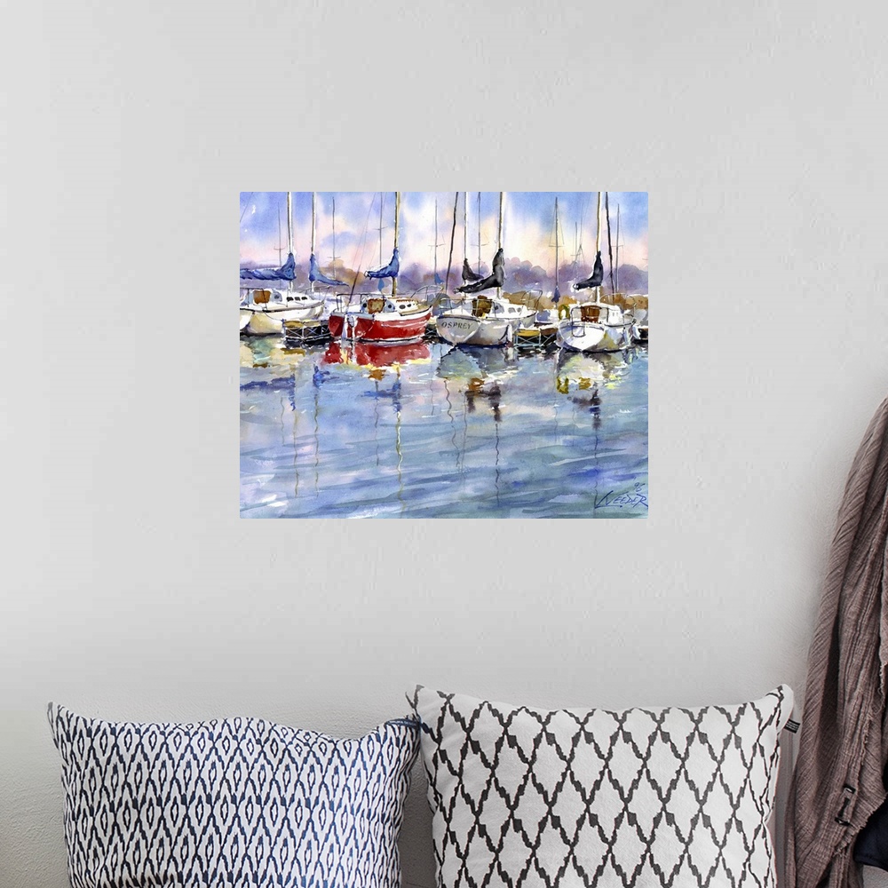 A bohemian room featuring Contemporary piece using water colors to paint sail boats that sit docked at the marina.