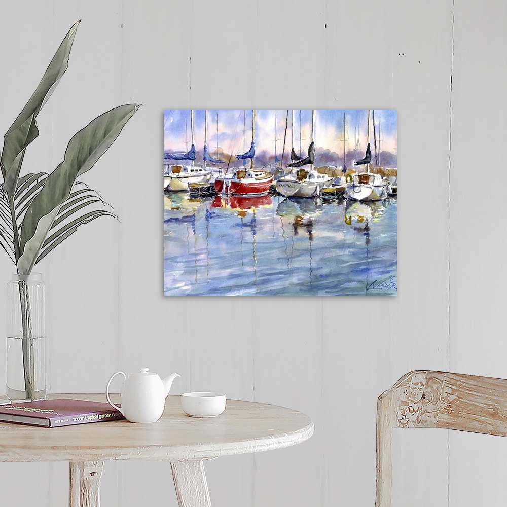 A farmhouse room featuring Contemporary piece using water colors to paint sail boats that sit docked at the marina.