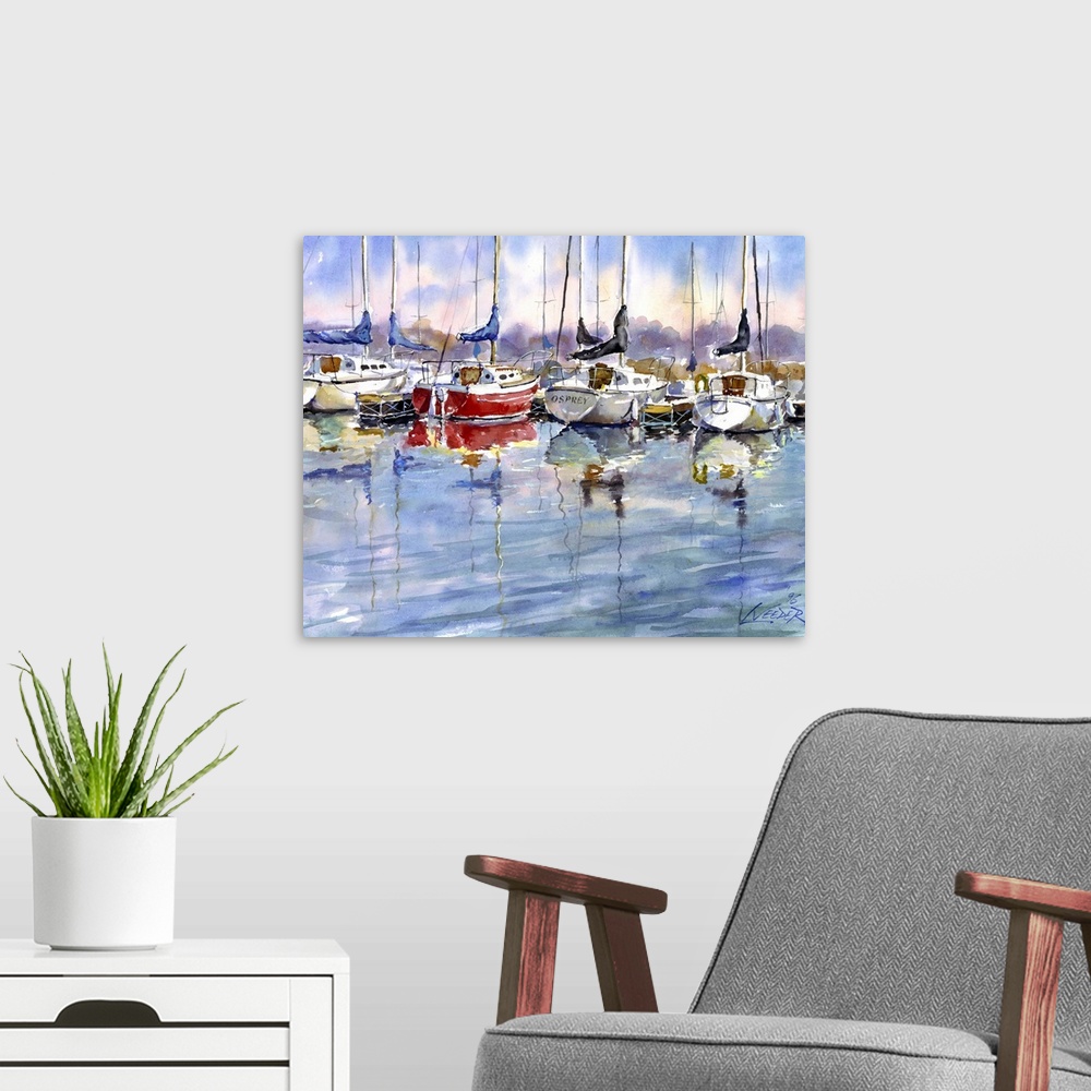 A modern room featuring Contemporary piece using water colors to paint sail boats that sit docked at the marina.