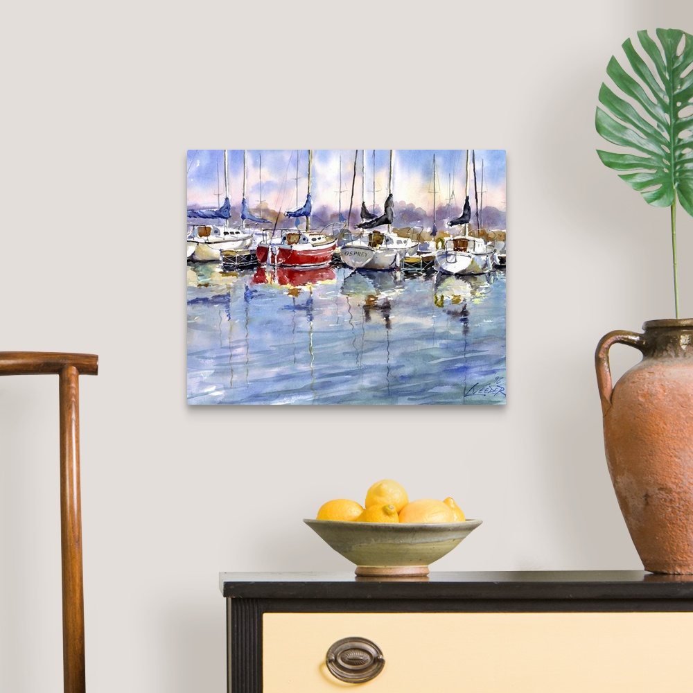 A traditional room featuring Contemporary piece using water colors to paint sail boats that sit docked at the marina.