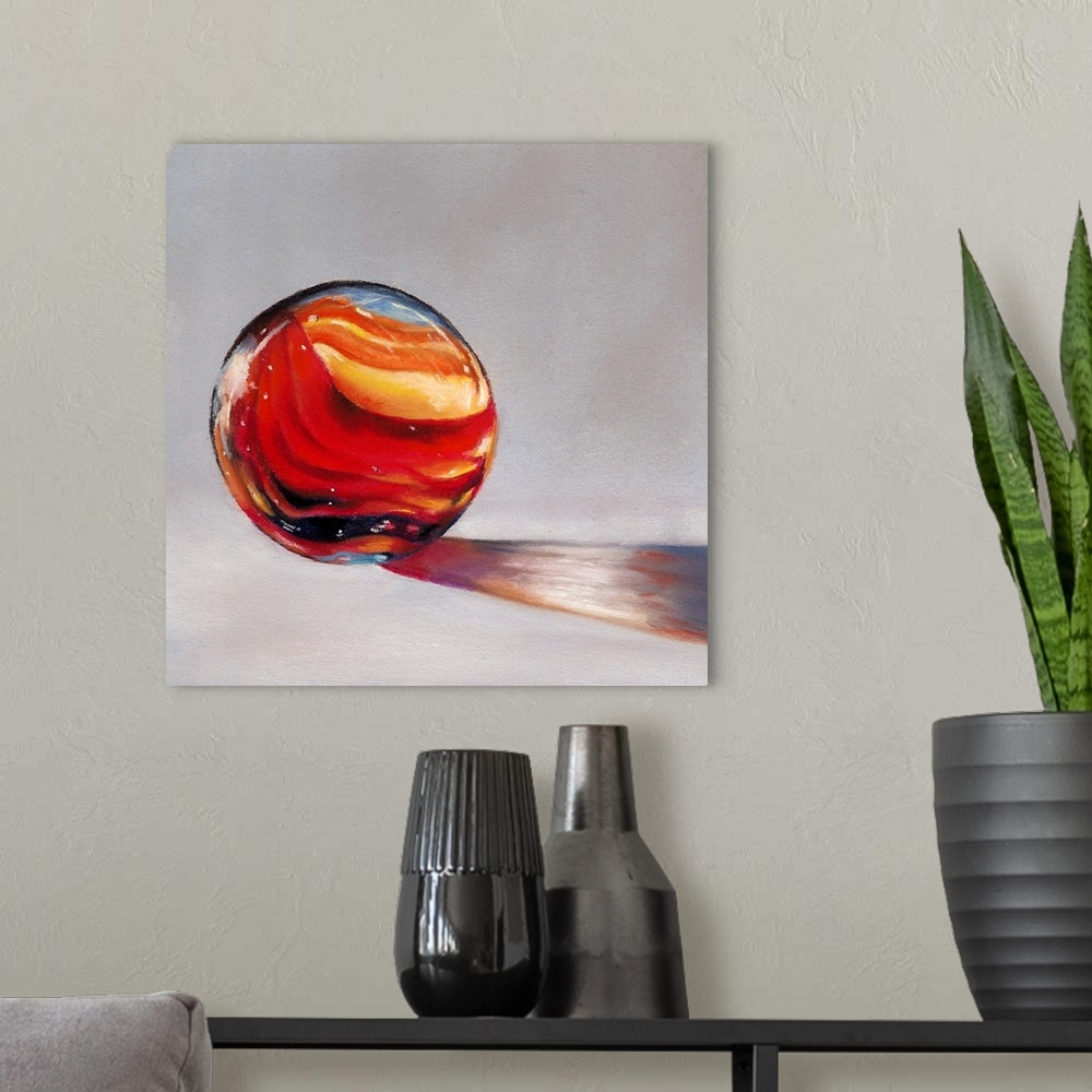 A modern room featuring Painting of light shining through a red marble.