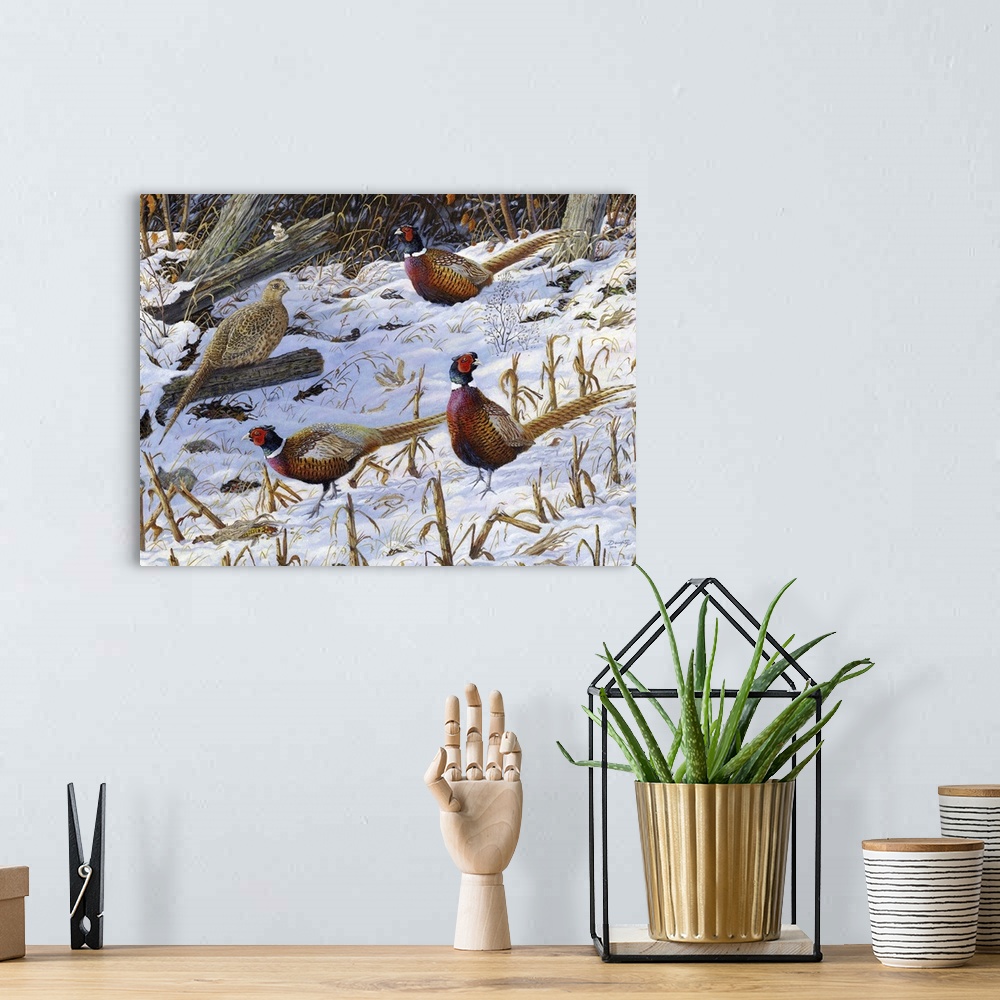 A bohemian room featuring Contemporary artwork of a flock of pheasants foraging in the snow.