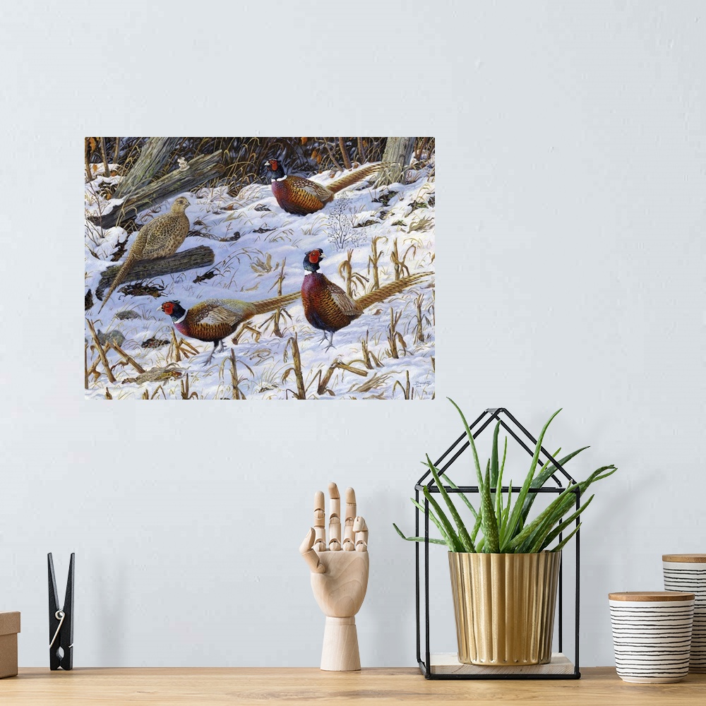 A bohemian room featuring Contemporary artwork of a flock of pheasants foraging in the snow.