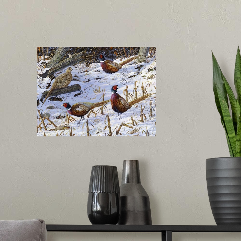 A modern room featuring Contemporary artwork of a flock of pheasants foraging in the snow.