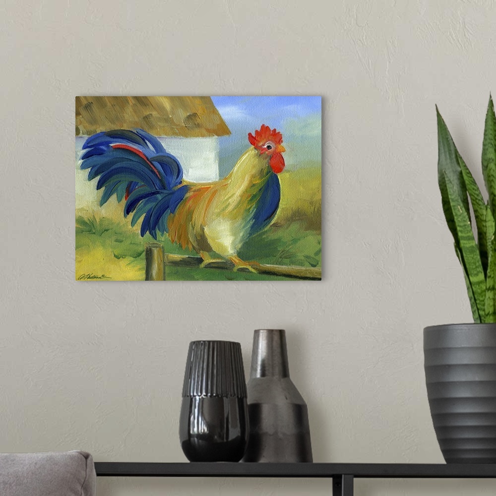 A modern room featuring Rooster on a Fence