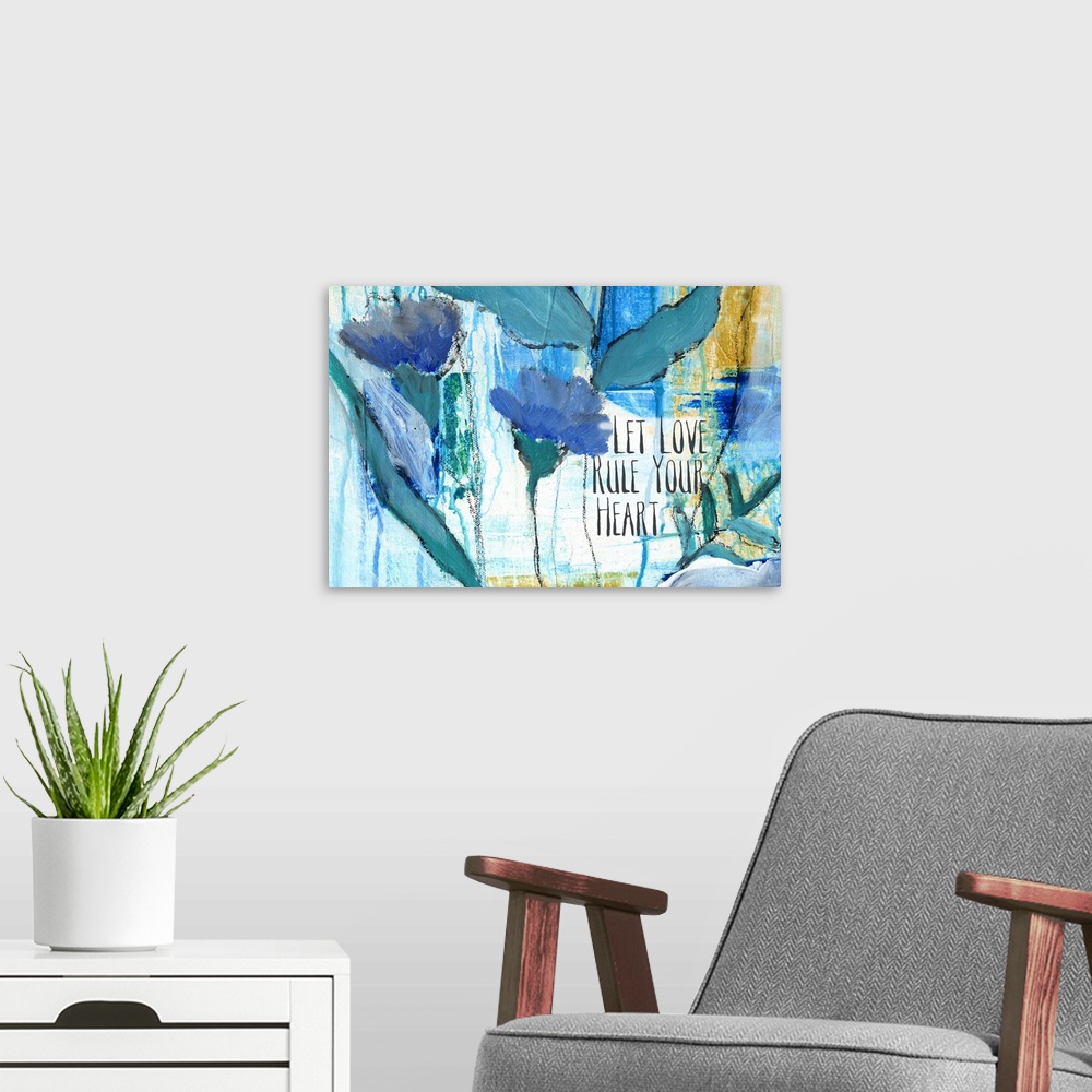 A modern room featuring Contemporary colorful and whimsical sentiment art.