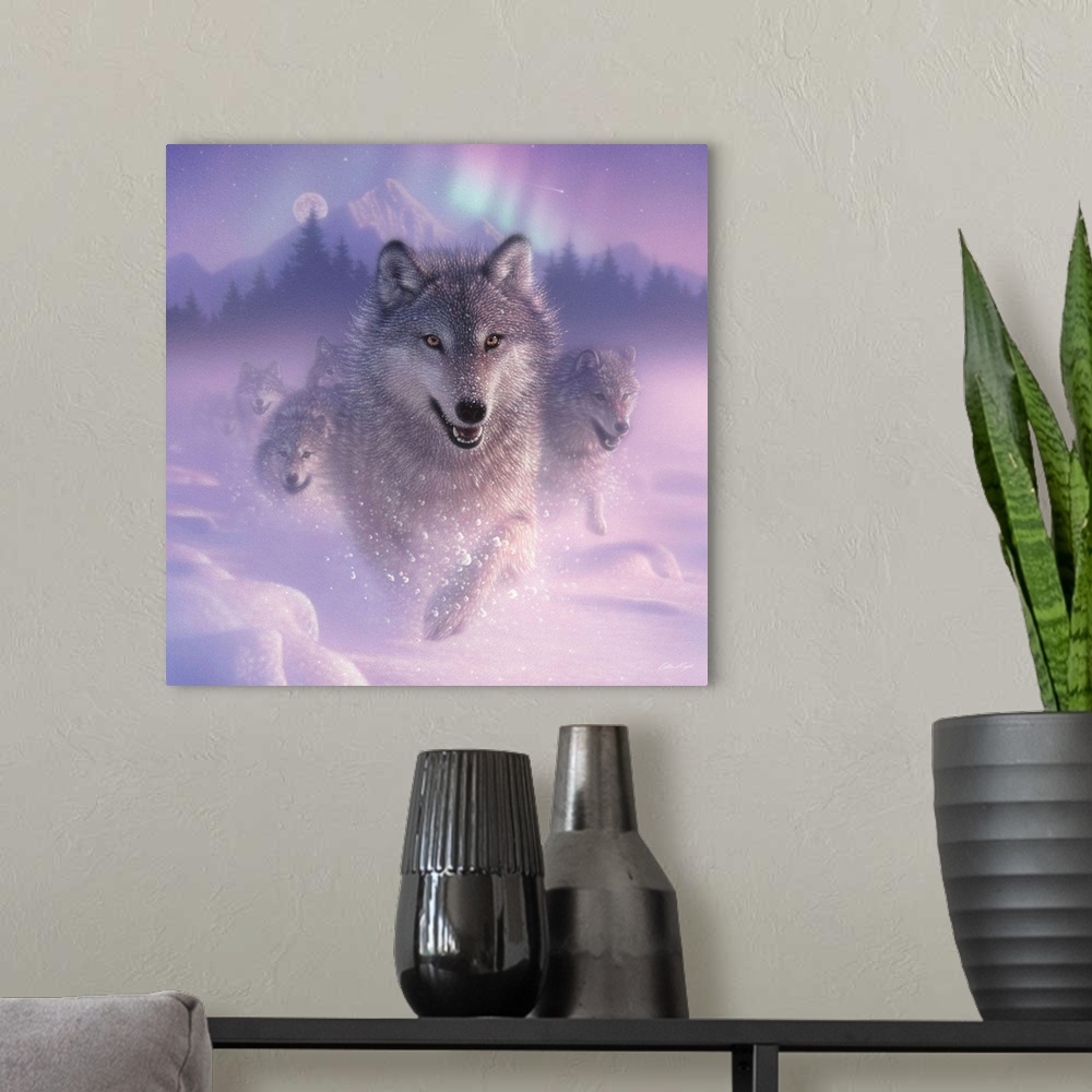 A modern room featuring Running Wolves - Northern Lights - Square