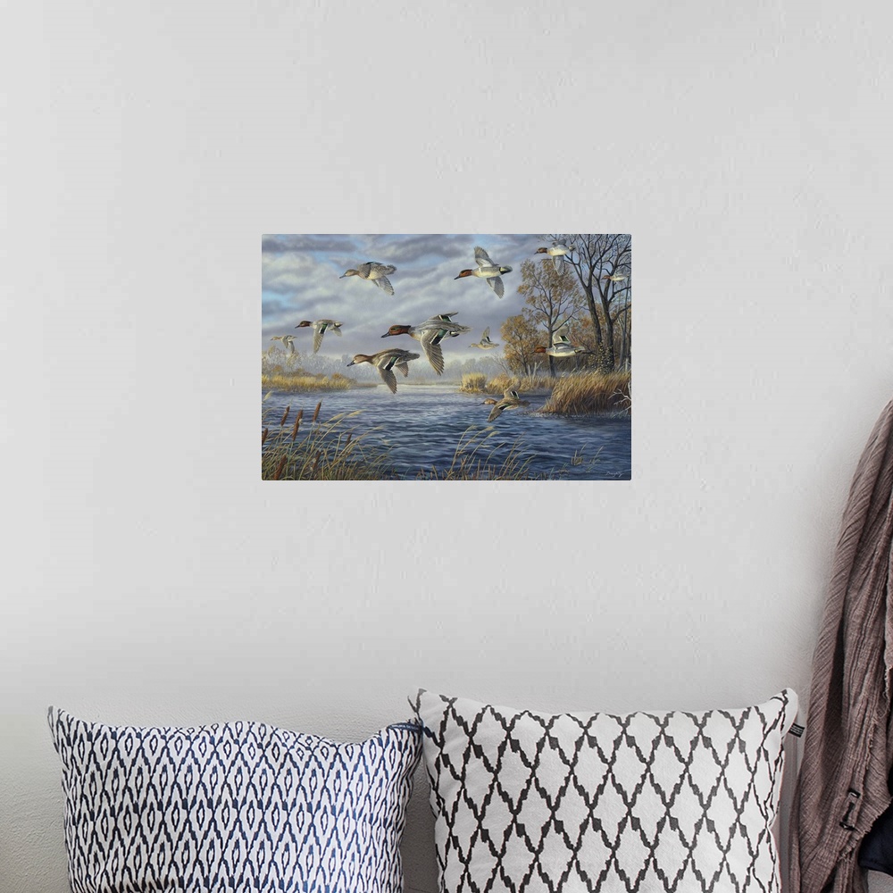 A bohemian room featuring Contemporary artwork of a flock of green-winged teals in flight over a river.