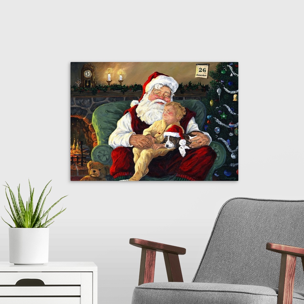 A modern room featuring Santa with Child