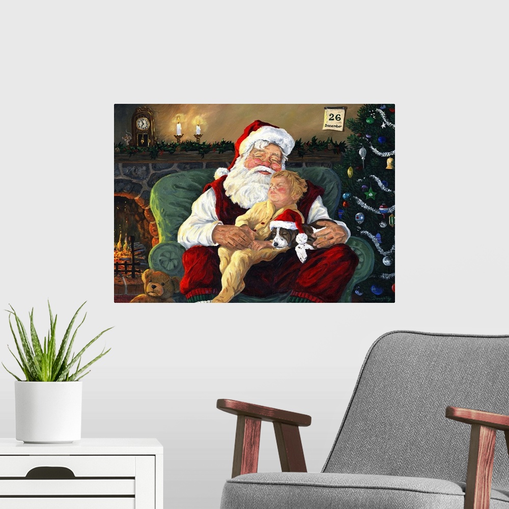 A modern room featuring Santa with Child